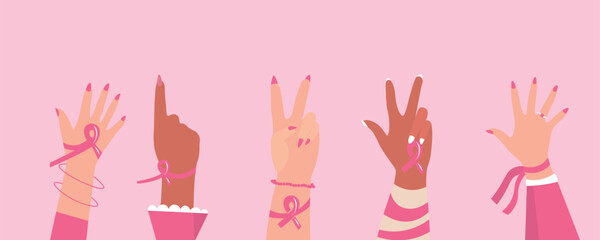 Fototapeta premium Female hands with pink ribbons on color background. Breast cancer awareness