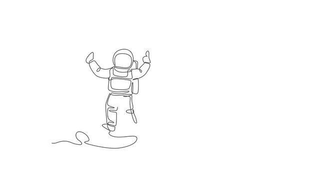 Animated self drawing of one continuous line draw cosmonaut exploring outer space. Astronaut standing on crescent moot. Fantasy cosmic galaxy discovery concept. Full length single line animation.