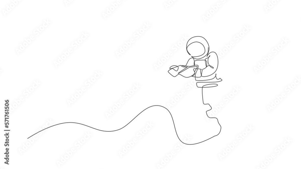 Poster animated self drawing of continuous line draw floating science astronaut in spacewalk reading space 