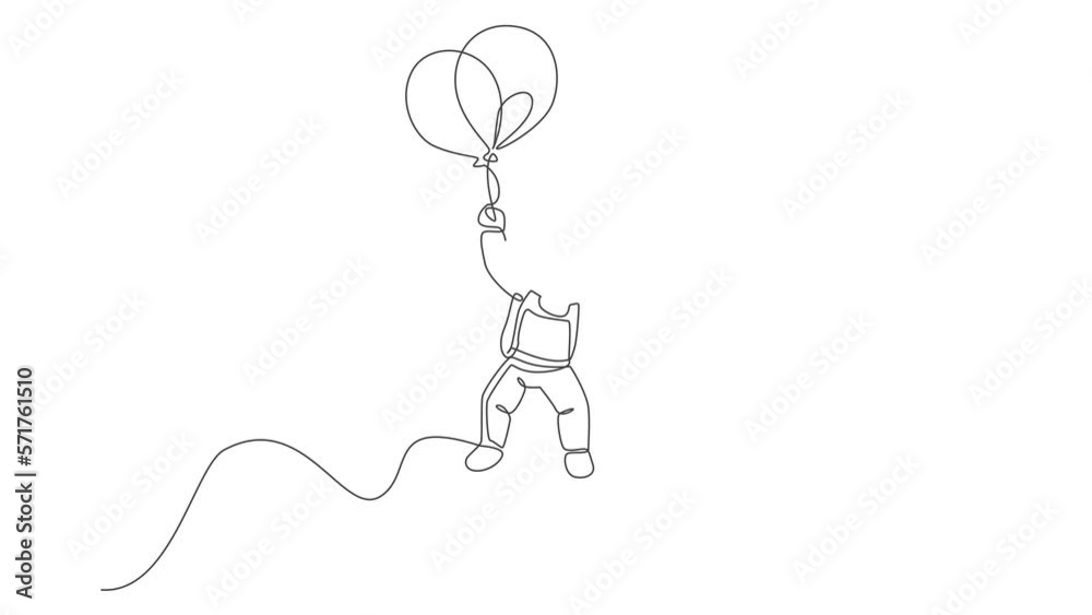 Poster animated self drawing of continuous line draw cosmonaut exploring outer space. astronaut flying with