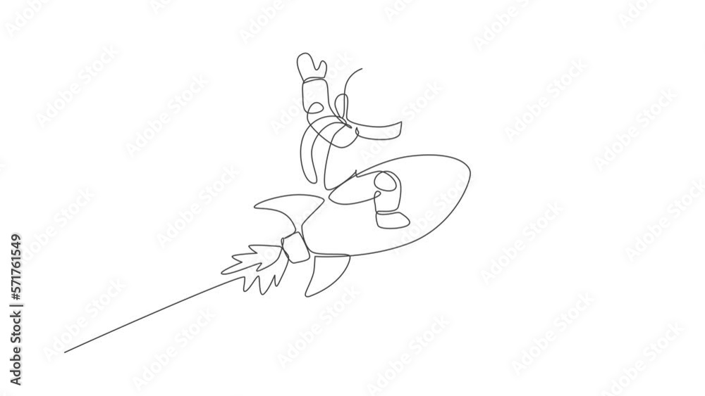 Poster animation of one line drawing of astronaut in spacesuit floating, discovering deep space while sitti