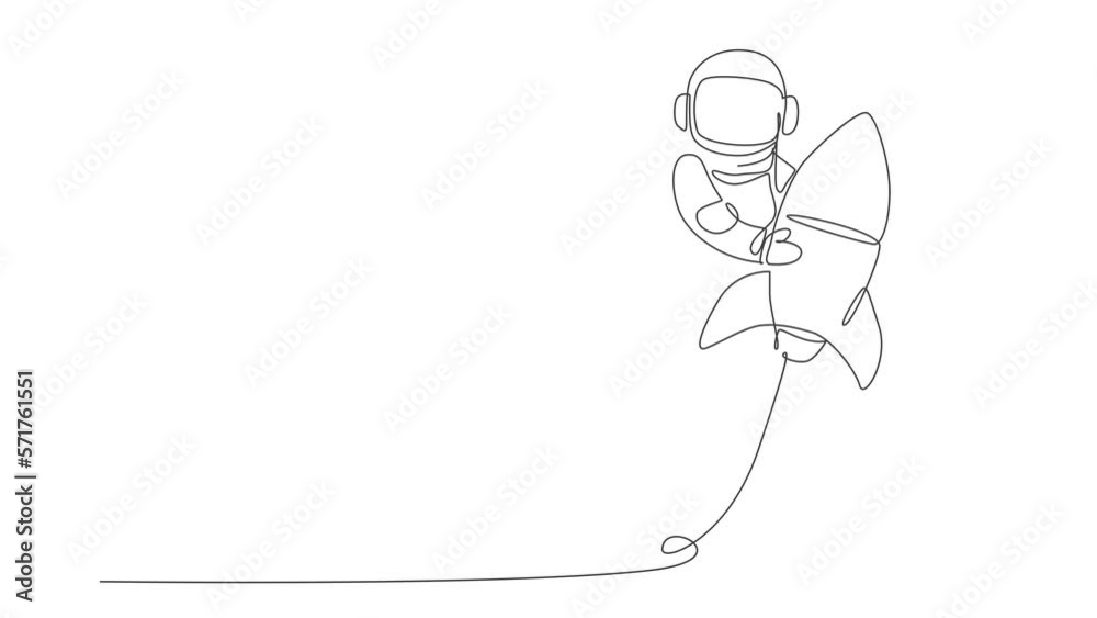 Poster animation of one line drawing of astronaut in spacesuit floating, discovering deep space while holdi