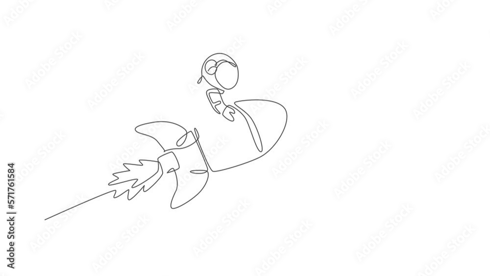 Poster animated self drawing of single continuous line draw astronaut in spacesuit flying at outer space wh