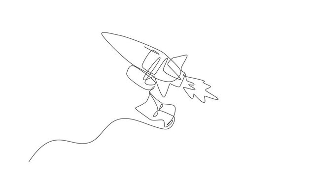 Animated self drawing of single continuous line draw astronaut in spacesuit flying at outer space with jetpack rocket spacecraft. Science milky way astronomy concept. Full length one line animation.
