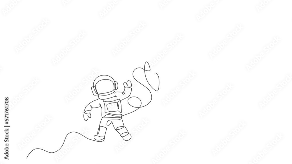 Poster animated self drawing of continuous line draw astronaut in spacesuit flying at outer space with rock