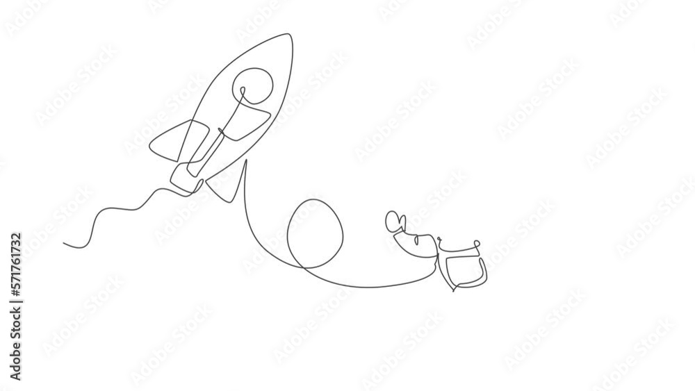 Poster animated self drawing of continuous line draw astronaut in spacesuit flying at outer space with rock