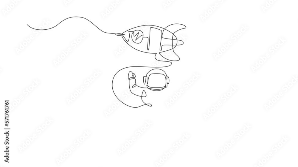 Poster animation of one line drawing of astronaut in spacesuit waving hand, discovering deep space with roc