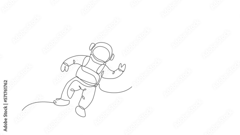 Poster animation of one line drawing of astronaut in spacesuit floating and discovering deep space with roc