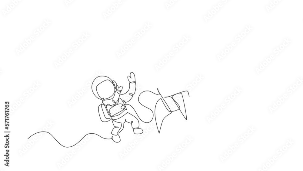 Poster animated self drawing of one continuous line draw spaceman astronaut science discovering cosmos gala