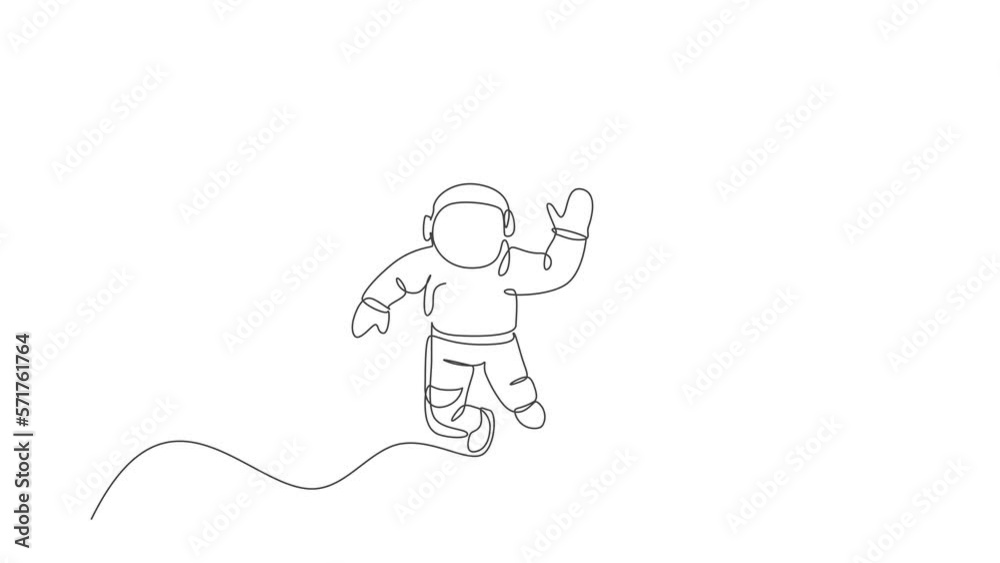 Poster animated self drawing of one continuous line draw waving hand spaceman astronaut science discovering