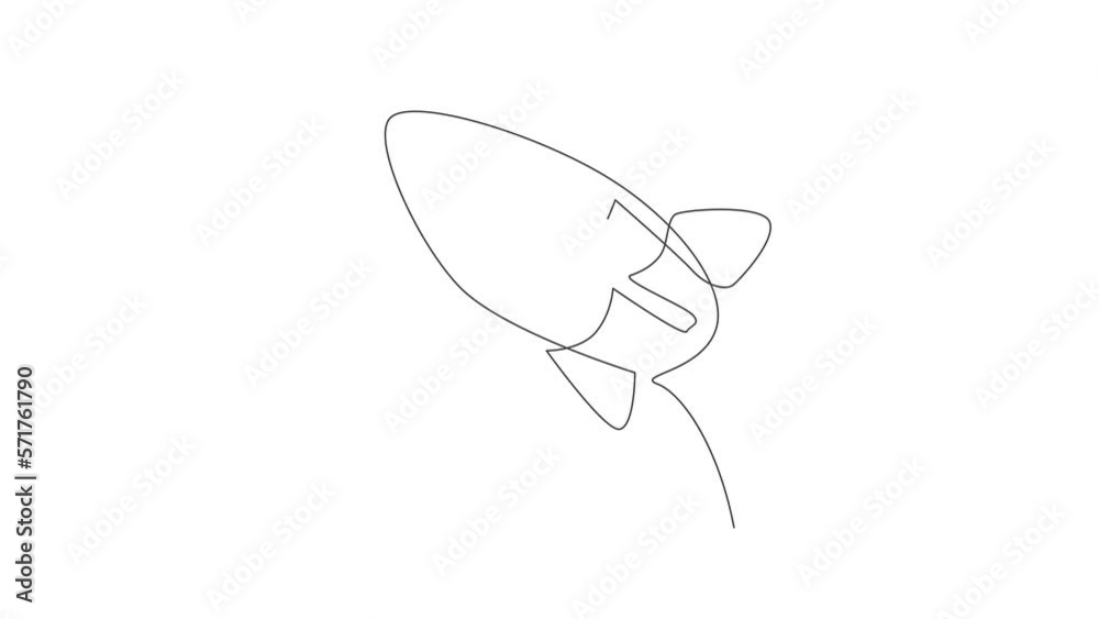 Poster animated self drawing of single continuous line draw rocket launch fly into the sky universe. vintag