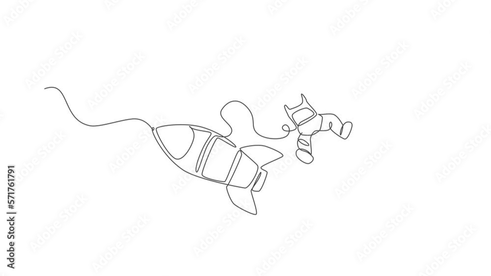 Poster animated self drawing of continuous line draw astronaut in spacesuit flying at outer space with rock