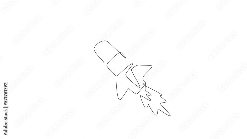 Poster animated self drawing of continuous line draw retro spacecraft flying up to the outer space nebula. 