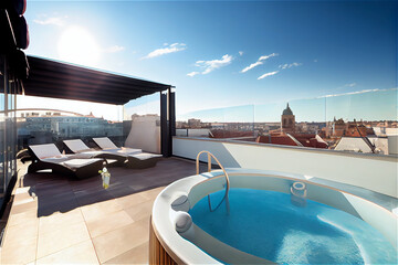 Luxury penthouse terrace with a swimming pool overlooking Madrid, generative AI