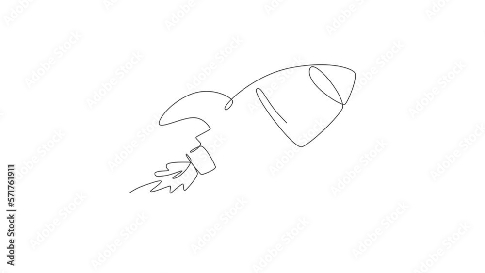 Poster animation of one single line drawing of simple vintage rocket takes off into the outer space. explor