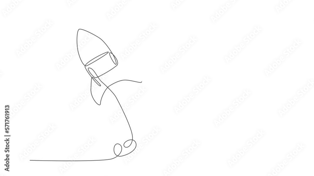 Poster animated self drawing of one continuous line draw simple retro spacecraft flying up to the outer spa