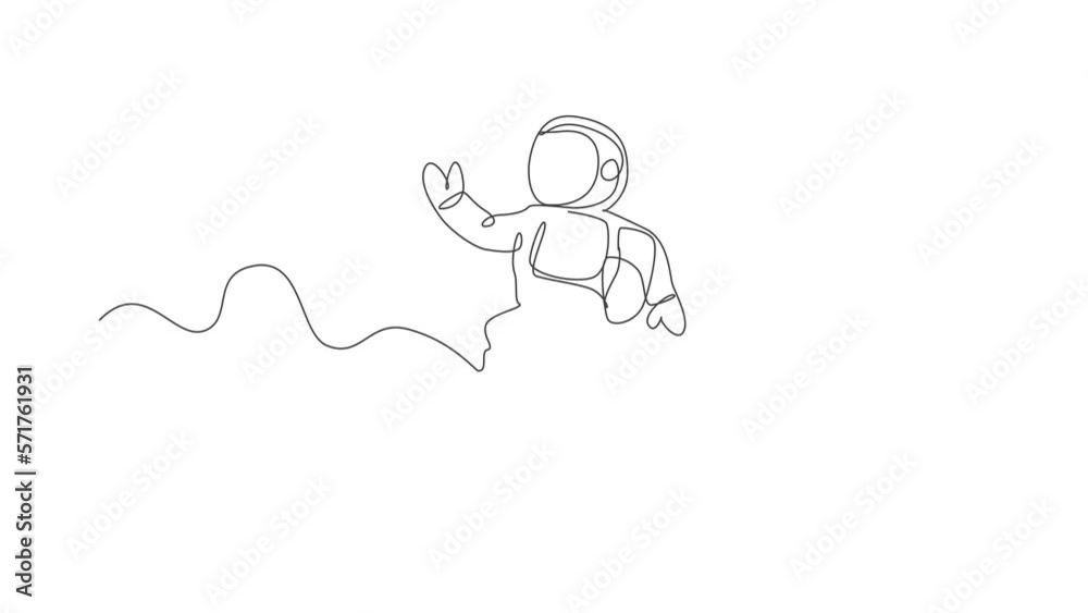 Poster animated self drawing of one continuous line draw young astronaut scientist exploring outer space in