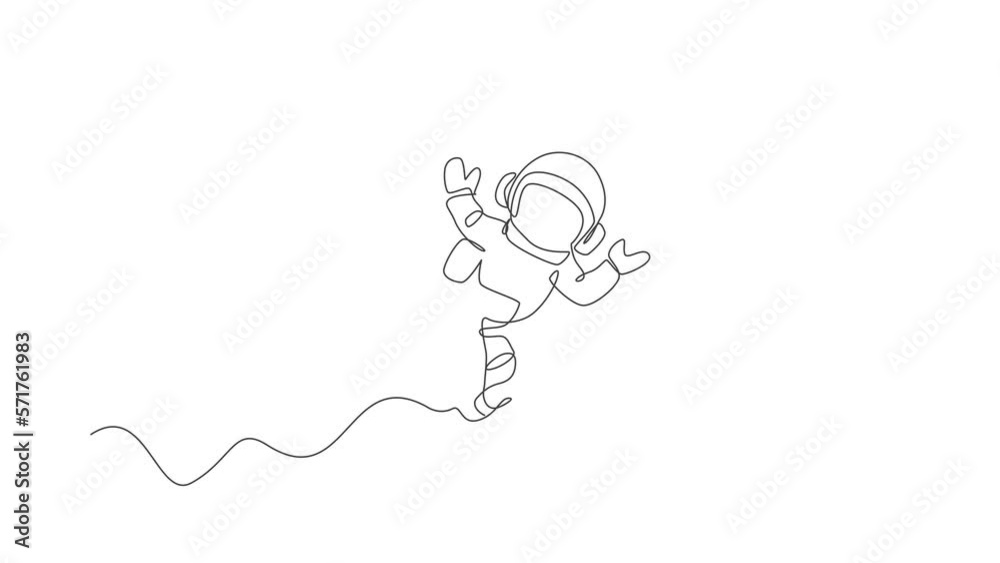 Poster animated self drawing of one continuous line draw young astronaut scientist exploring outer space in