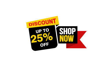 25 Percent SHOP NOW offer, clearance, promotion banner layout with sticker style. 
