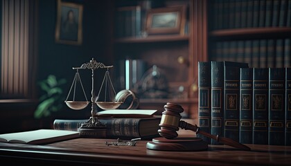 judge gavel and books. Law firm courtroom, Office space for legal work. Lawyers and judges. - obrazy, fototapety, plakaty