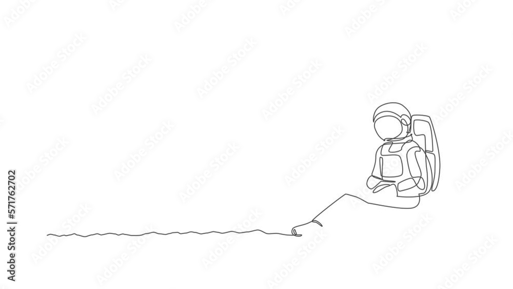 Poster animated self drawing of single continuous line draw astronaut sitting in moon surface while typing 