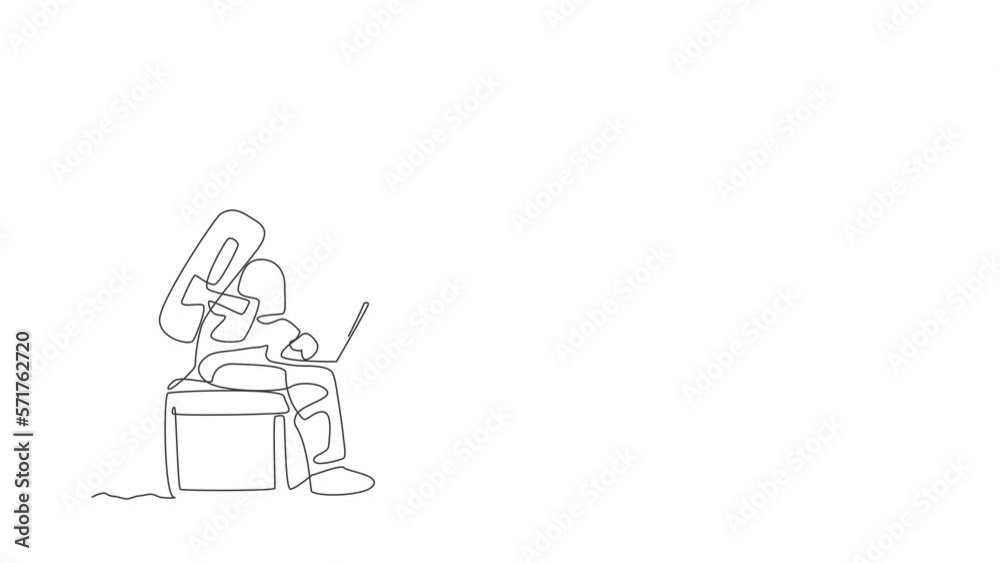 Poster animated self drawing of one continuous line draw spaceman on spacesuit siting on chair while typing