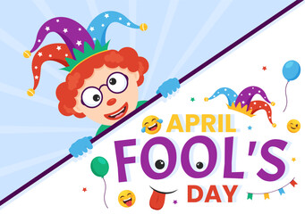 Happy April Fools' Day Celebration Illustration wearing a Jester Hat and Surprise for Web Banner or Landing Page in Flat Cartoon Hand Drawn Templates
