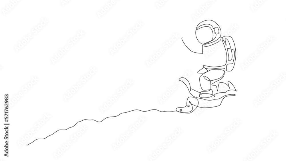 Poster animated self drawing of one continuous line draw spaceman take a walk riding a tortoise and waving 