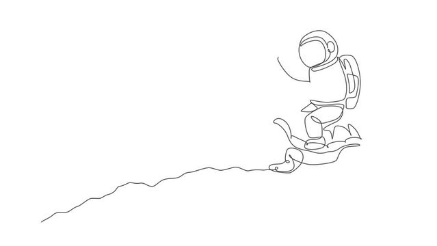 Animated self drawing of one continuous line draw spaceman take a walk riding a tortoise and waving hand in moon surface. Deep space safari journey concept. Full length single line animation.