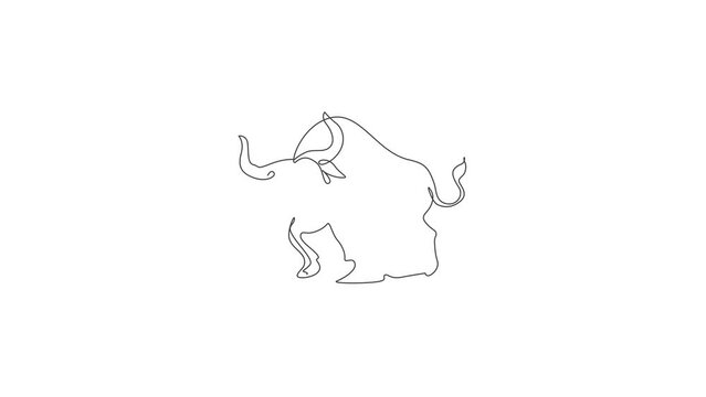 Animated self drawing of single continuous line draw wild African bull. Endangered animal national park conservation. Safari zoo concept. Full length one line animation illustration.