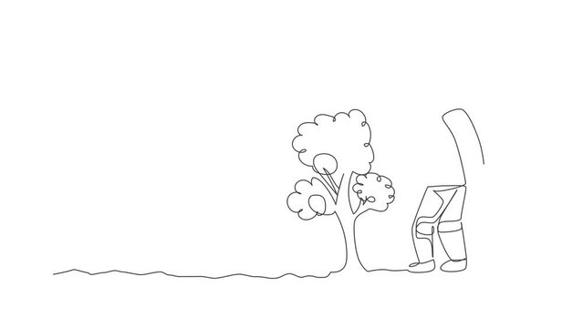 Animated self drawing of continuous line draw spaceman cutting tree leaf using gardening scissor in moon surface. Deep space gardening astronaut concept. Full length single line animation illustration