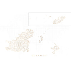 Low poly map of Guernsey. Gold polygonal wireframe. Glittering vector with gold particles on white background. Vector illustration eps 10.