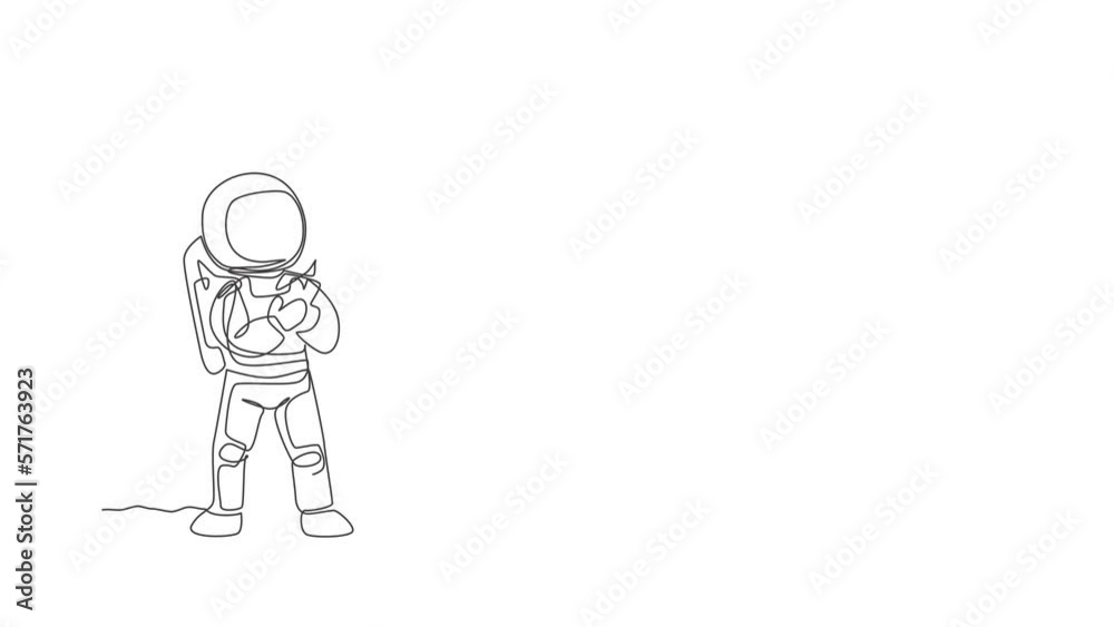 Poster animation of one line drawing of astronaut playing airplane radio control in moon land. doing hobby 
