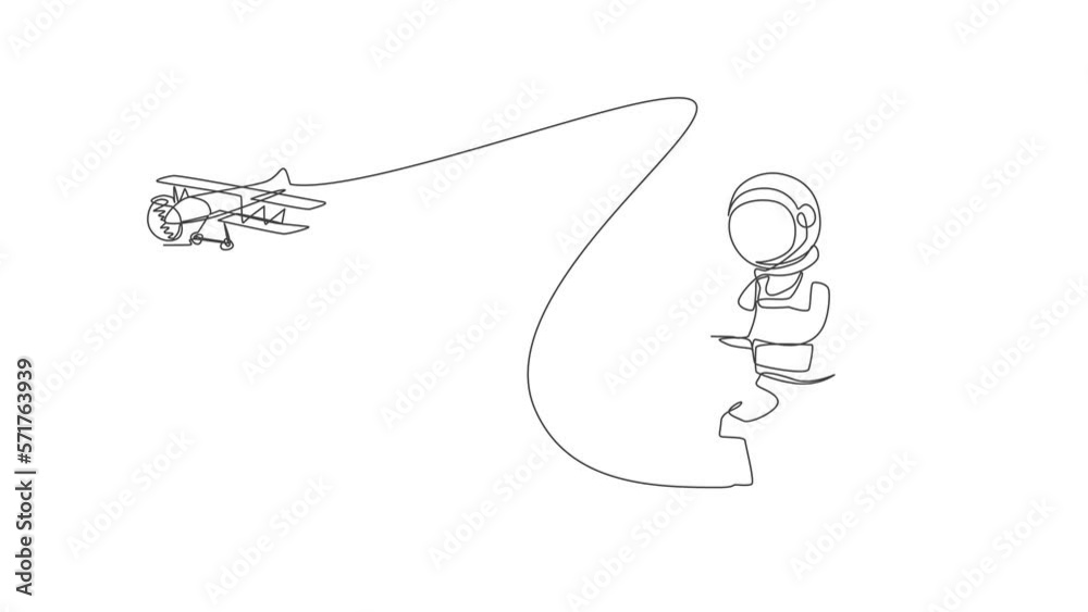 Poster animated self drawing of single continuous line draw astronaut playing airplane radio control in moo