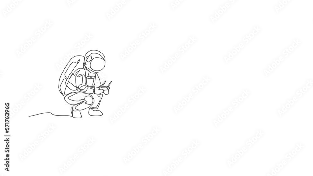 Poster animation of one line drawing of astronaut playing speed boat radio control in moon land. doing hobb