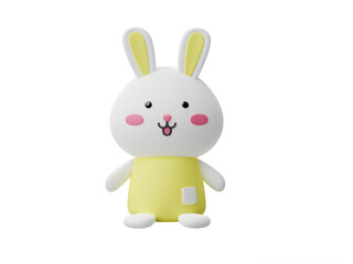 Cute animal 3d render character white baby rabbit with yellow body standing with transparent background