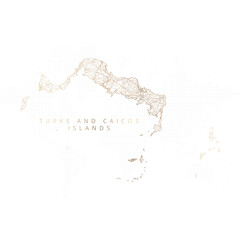 Low poly map of Turks and Caicos Islands. Gold polygonal wireframe. Glittering vector with gold particles on white background. Vector illustration eps 10.