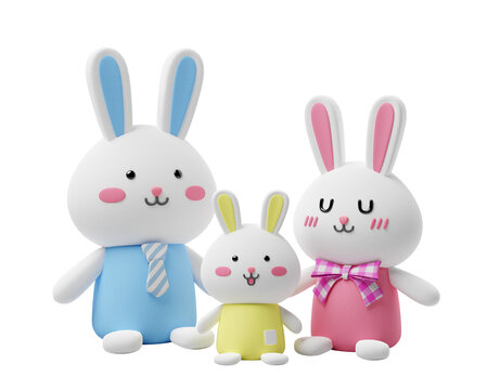 Cute animal 3d render character rabbit family standing with transparent background