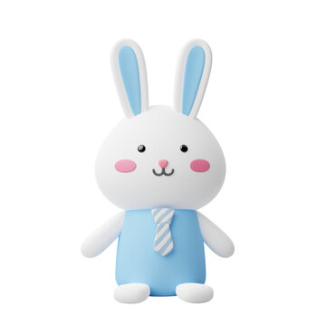 Cute animal 3d render character white male rabbit with blue body standing with transparent background