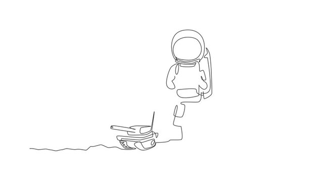 Animated self drawing of continuous line draw astronaut playing war tank radio control in moon cosmic galaxy. Outer space hobby and lifestyle concept. Full length single line animation illustration.
