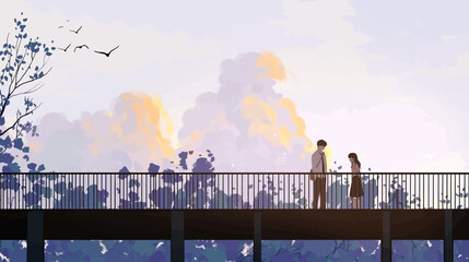Romantic Silhouette of Couple or lovers Standing on Foot Overbridge Trees in the Background