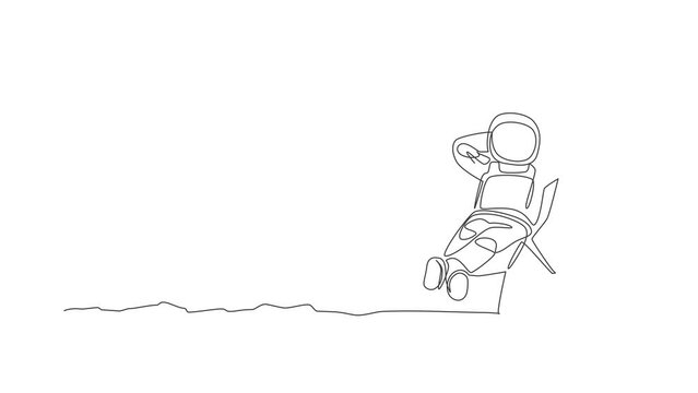 Animated self drawing of single continuous line draw young astronaut tanning and take a sleep napping on sun longer in moon surface. Space man cosmic galaxy concept. Full length one line animation.
