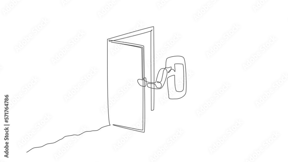 Poster animated self drawing of single continuous line draw astronaut entering open door gate into new dime