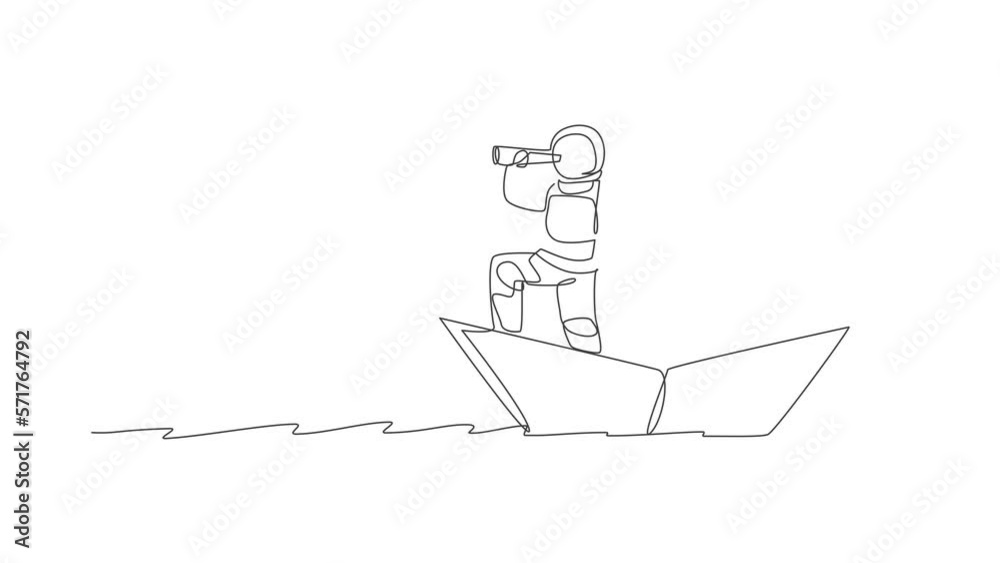 Poster animation of one line drawing astronaut look at forward using telescope while standing on paper boat