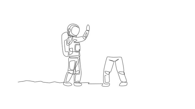 Animation of one line drawing of two happy astronauts gave high five while meeting on the street in moon surface. Cosmonaut outer space concept. Continuous line self draw animated. Full length motion.