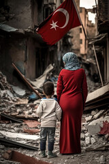Obraz na płótnie Canvas A woman stands with her back barefoot, with a child, against the backdrop of collapsed houses after the earthquake and the flag of Turkey. Digital illustration created with Generative AI.