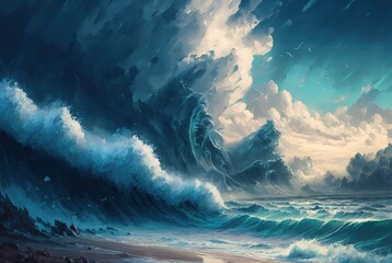 Gale force winds stirring up dramatic turbulent and raging ocean waves, dangerous stormy hurricane weather. Tumultuous choppy surf crashing down on sandy beach - generative AI.	 - obrazy, fototapety, plakaty
