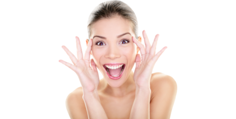 Beauty - happy funny Asian woman face expression. Girl surprised and excited showing fun facial expression. Beautiful healthy girl with perfect skin screaming joyful in surprise. Model isolated PNG.