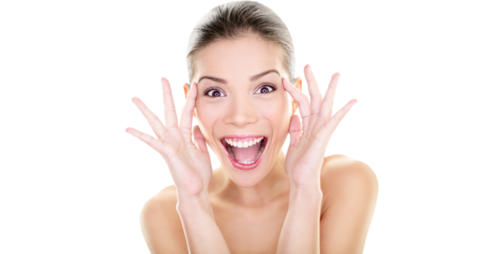 Beauty - happy funny Asian woman face expression. Girl surprised and excited showing fun facial expression. Beautiful healthy girl with perfect skin screaming joyful in surprise. Model isolated PNG.