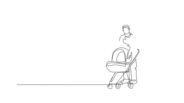 Animation of one single line drawing of young happy mother and father pushing baby trolley together ah outdoor park. Parenting education concept. Continuous line self draw animated. Full length motion